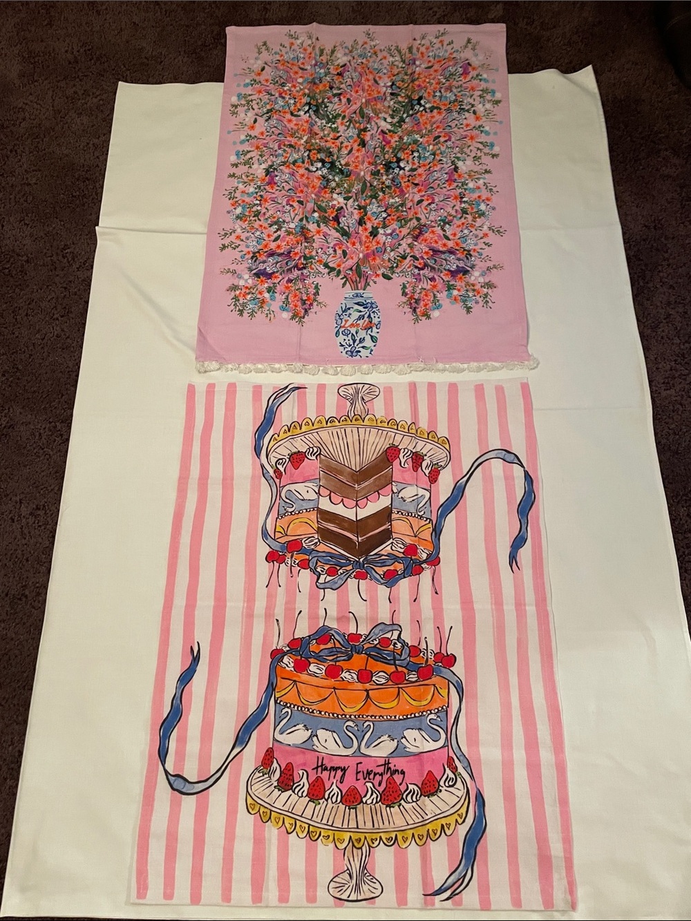 ANTHROPOLOGIE Cotton Kitchen Tea Towels(2)Happy Everything Cake/Love You Flower